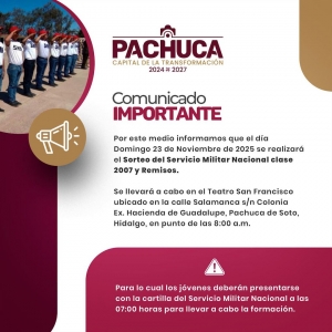 Domingo 23 de noviembre de 2025 se llevará a cabo el Sorteo del Servicio Militar Nacional