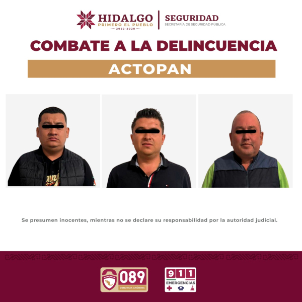 Tras reporte de disparos, SSPH detiene a tres sujetos en Actopan