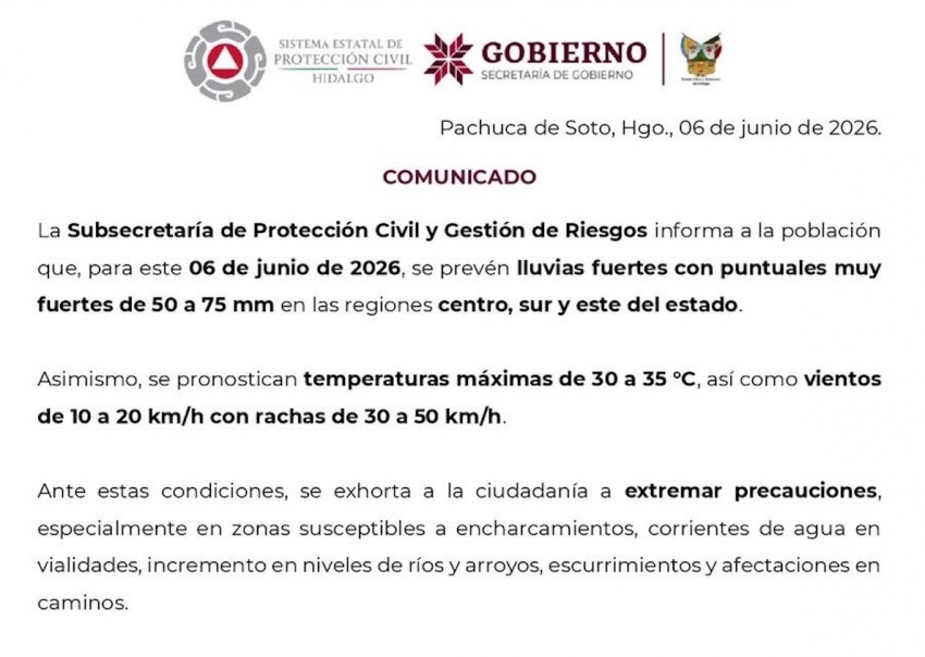 La Subsecretaría de Protección Civil y Gestión de Riesgos informa: