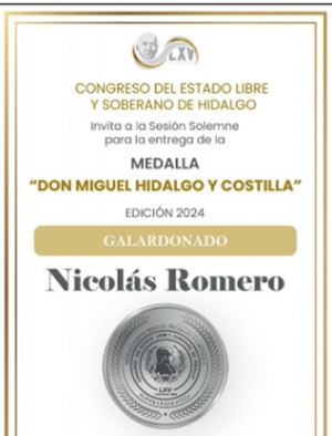 Congreso de Hidalgo entrega medalla &ldquo;Don Miguel Hidalgo y Costilla Edici&oacute;n 2024 a Nicol&aacute;s Romero