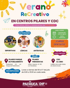 DIF Pachuca invita a participar en el curso &ldquo;Verano ReCreativo&rdquo; para ni&ntilde;as, ni&ntilde;os y adolescentes.