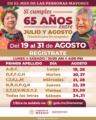 Del 19 al 31 de agosto, registro a Pensión de Adultos Mayores a quienes cumplen 65 entre julio y agosto