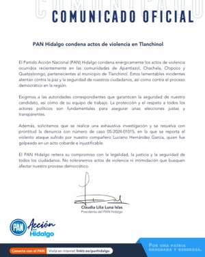 PAN Hidalgo condena actos de violencia en Tlanchinol