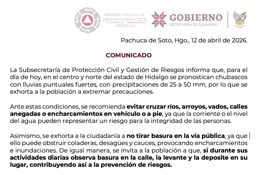 La Subsecretaría de Protección Civil y Gestión de Riesgos informa