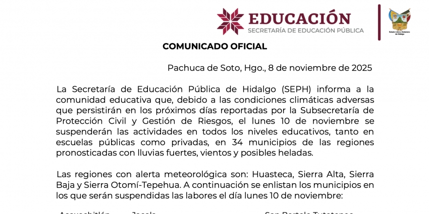 La Secretaría de Educación Pública de Hidalgo (SEPH) informa a la comunidad educativa: