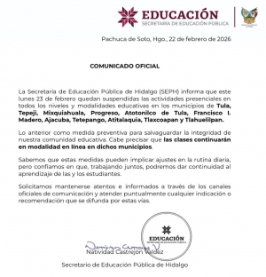 Sin clases este lunes en 11 municipios de Hidalgo