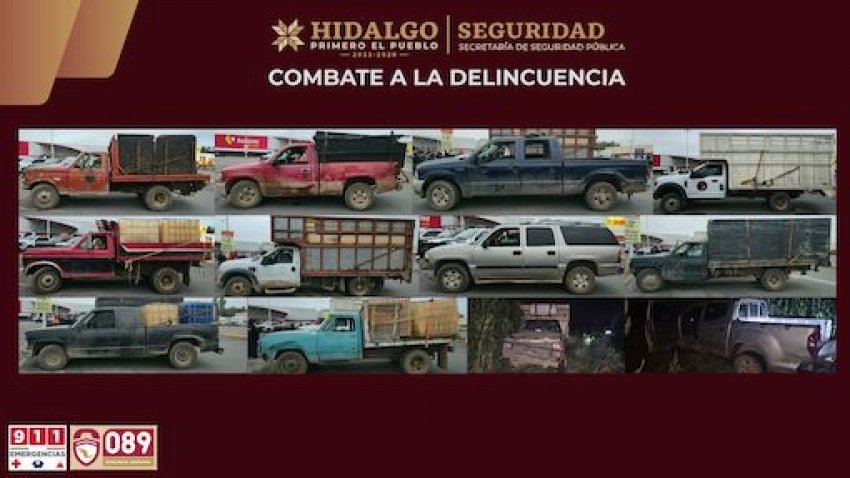 En operativo coordinado, SSPH asegura 12 camionetas e hidrocarburo en Tula de Allende