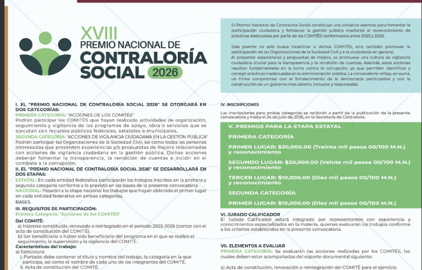 Abre Contraloría convocatoria para el Premio Nacional de Contraloría Social 2026 en Hidalgo